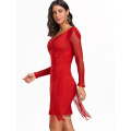 Lady Red Bandage Dress with V-Neck Collar Tassel Dress